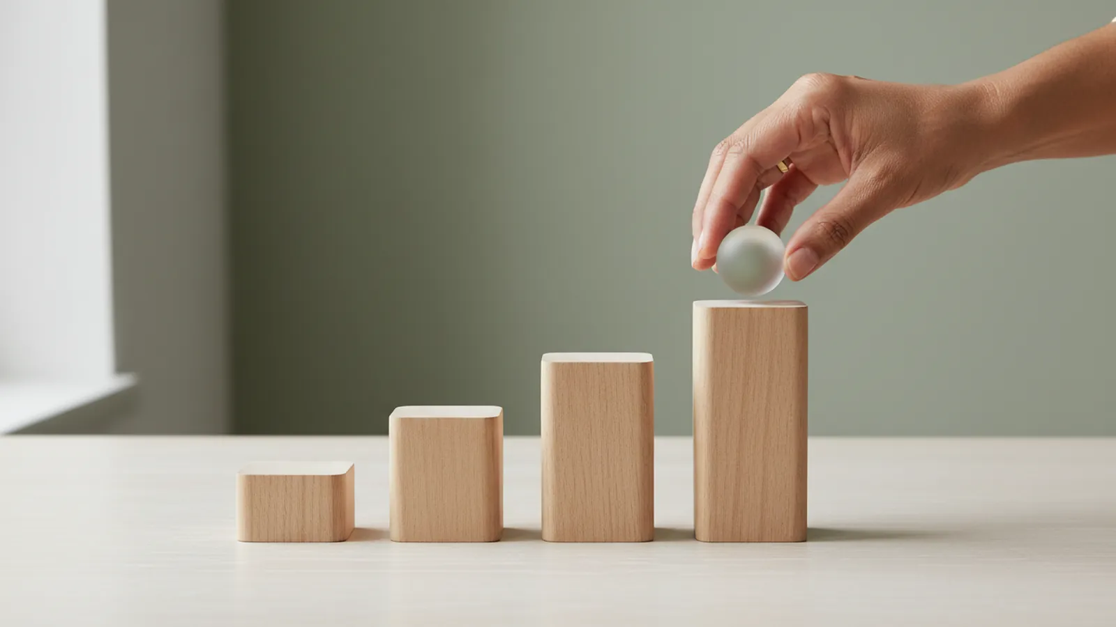 A close-up of a hand placing a fourth glass marker on a four-step wooden scale on a desk