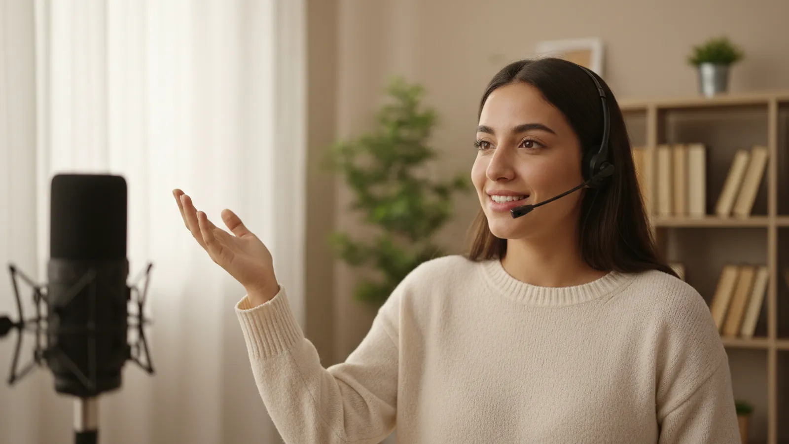 A woman wearing a headset speaking confidently toward a microphone in a quiet, softly lit room