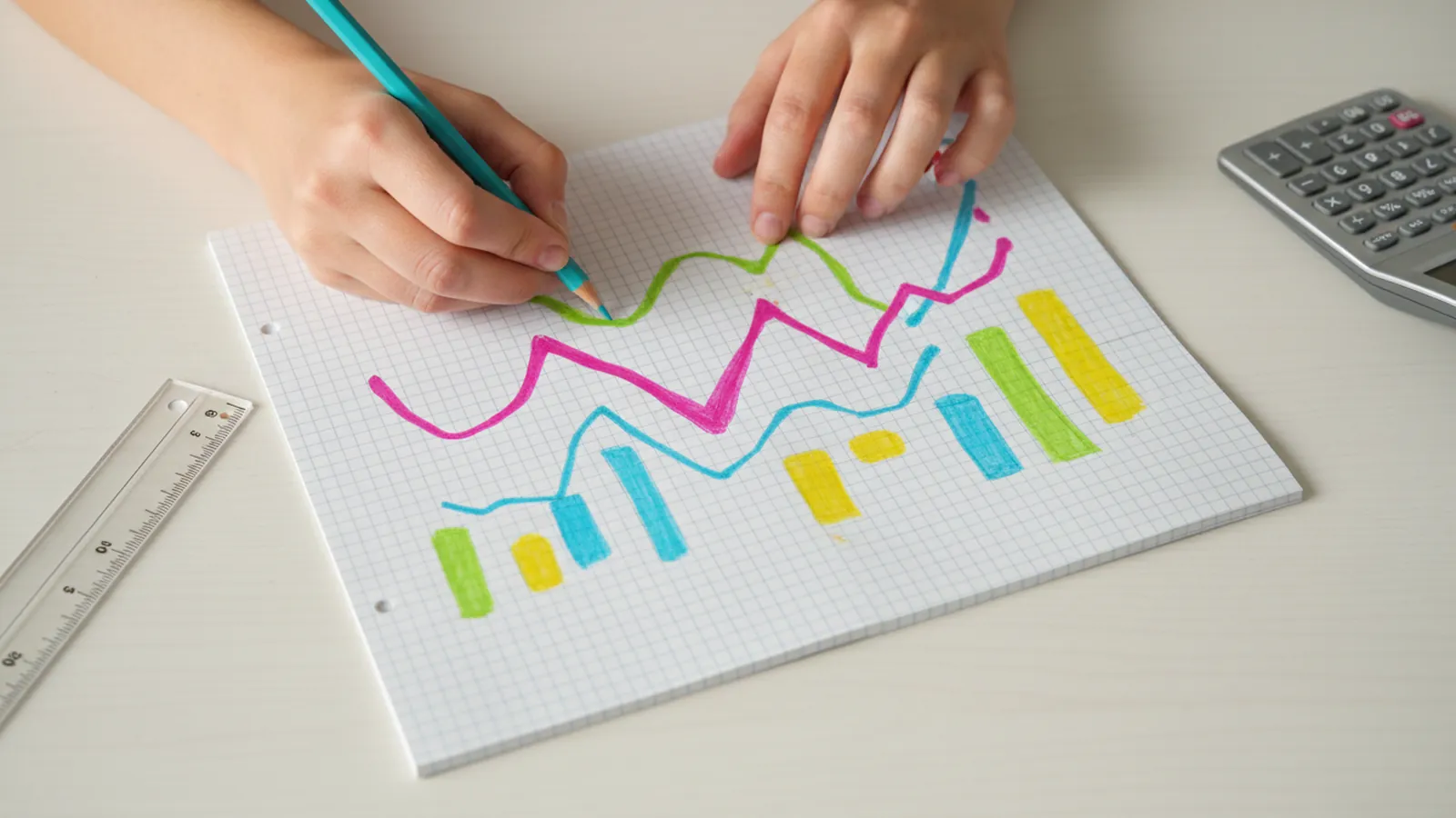 Hands sketching a line graph with coloured pencils on grid paper beside a ruler and calculator