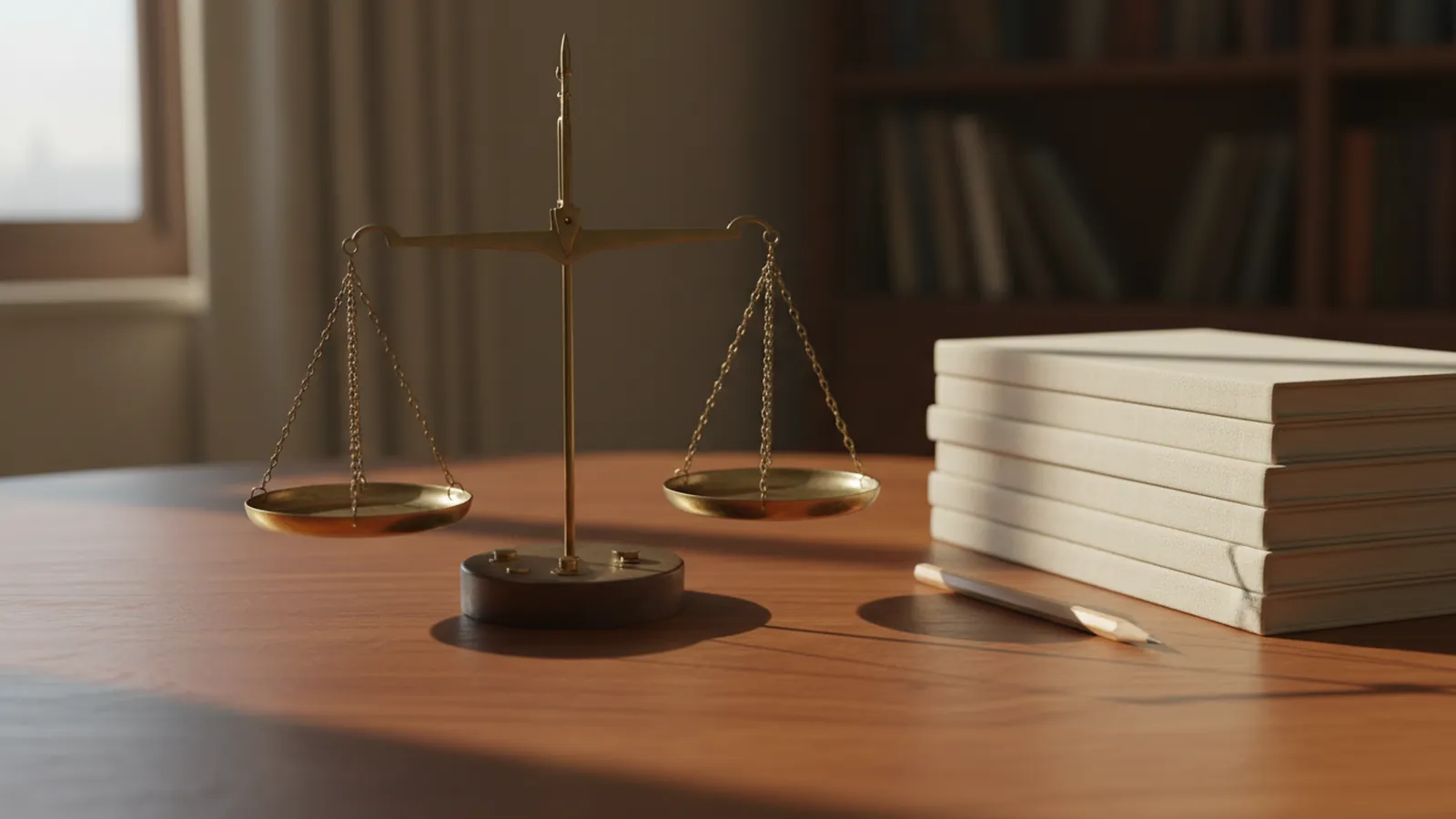An old brass balance scale on a wooden table beside neatly stacked notebooks