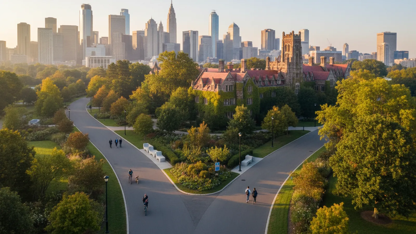 Two paths splitting in a park, one leading toward a city skyline and one toward a university campus