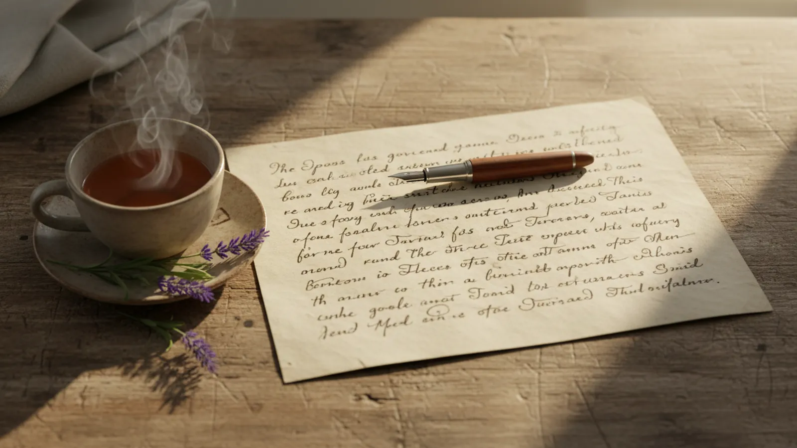 A handwritten letter and fountain pen on a kitchen table beside a cup of tea and morning light