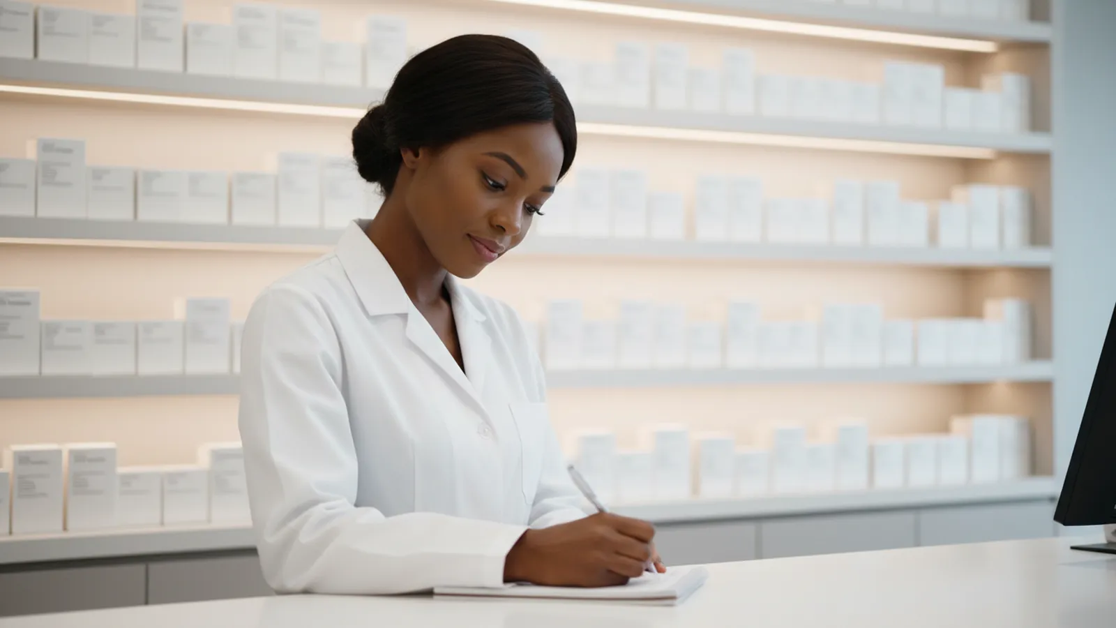 A pharmacist writing notes at a counter with neatly arranged medicine boxes on shelves behind her