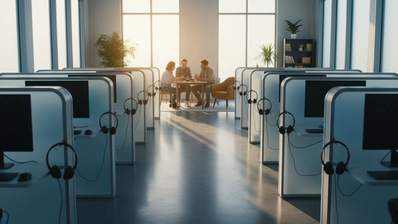 Rows of computer test booths with headsets hanging beside each screen in a quiet, brightly lit room