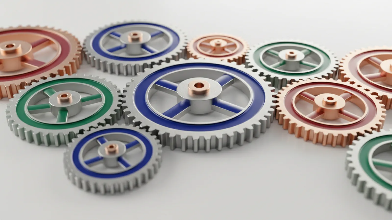 Interlocking colourful gears of different sizes turning together on a clean white surface