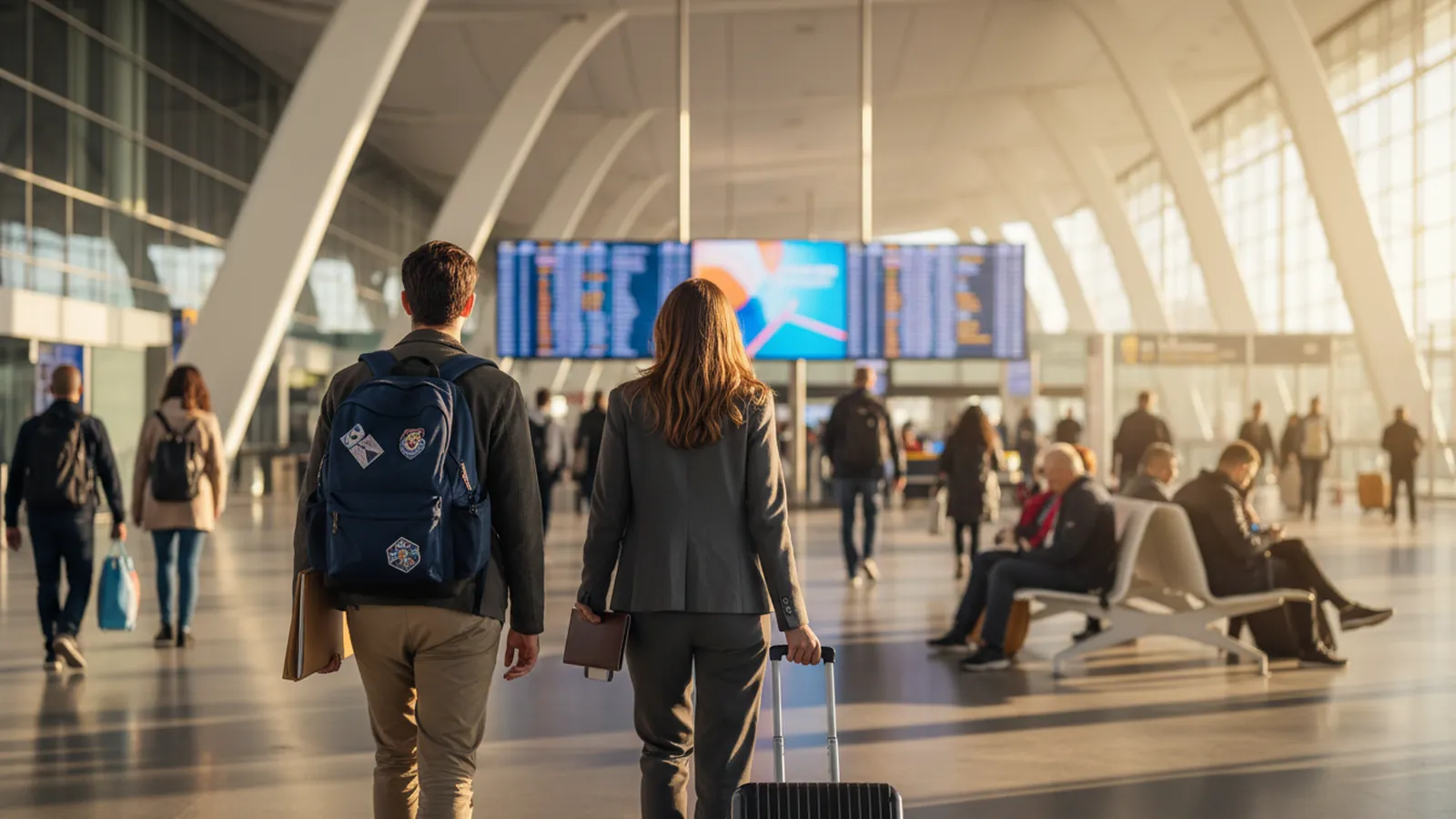 Two travellers at an airport departure board, one holding a university acceptance folder, one holding a passport