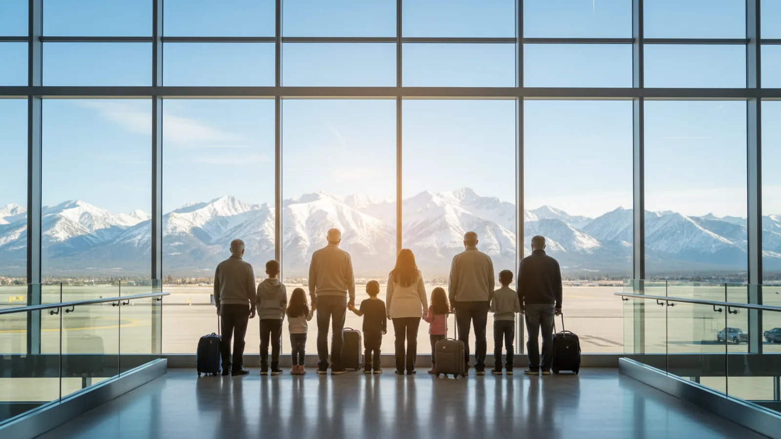 A family with luggage looking out at snowy mountains from a large airport window in Canada