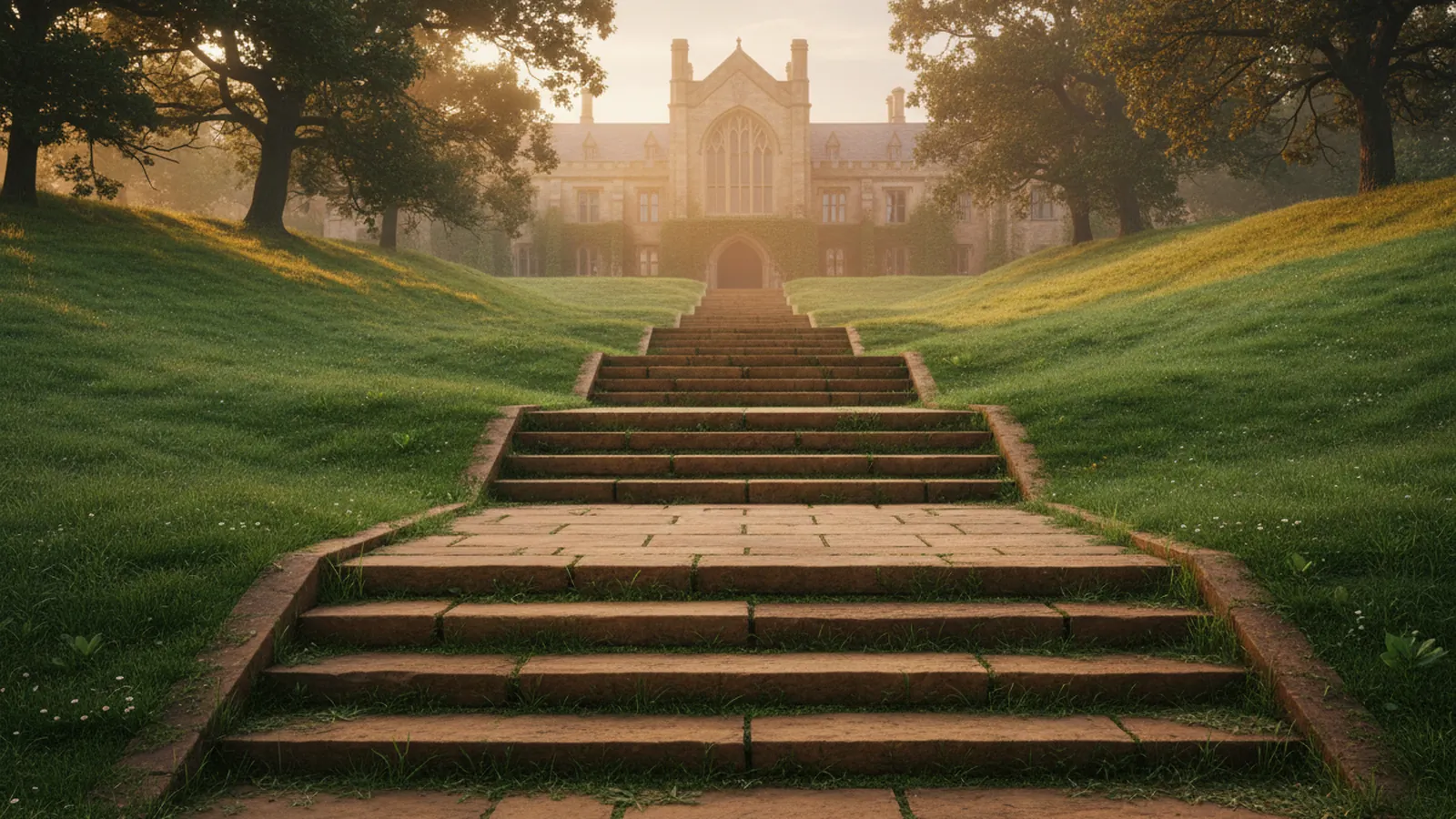 Six stone steps rising up a sunlit hillside path toward a university building