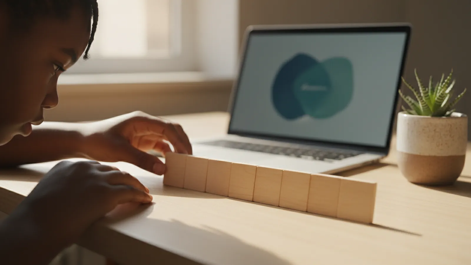 Hands arranging blank wooden tiles in a row on a desk beside an open laptop and a small potted plant